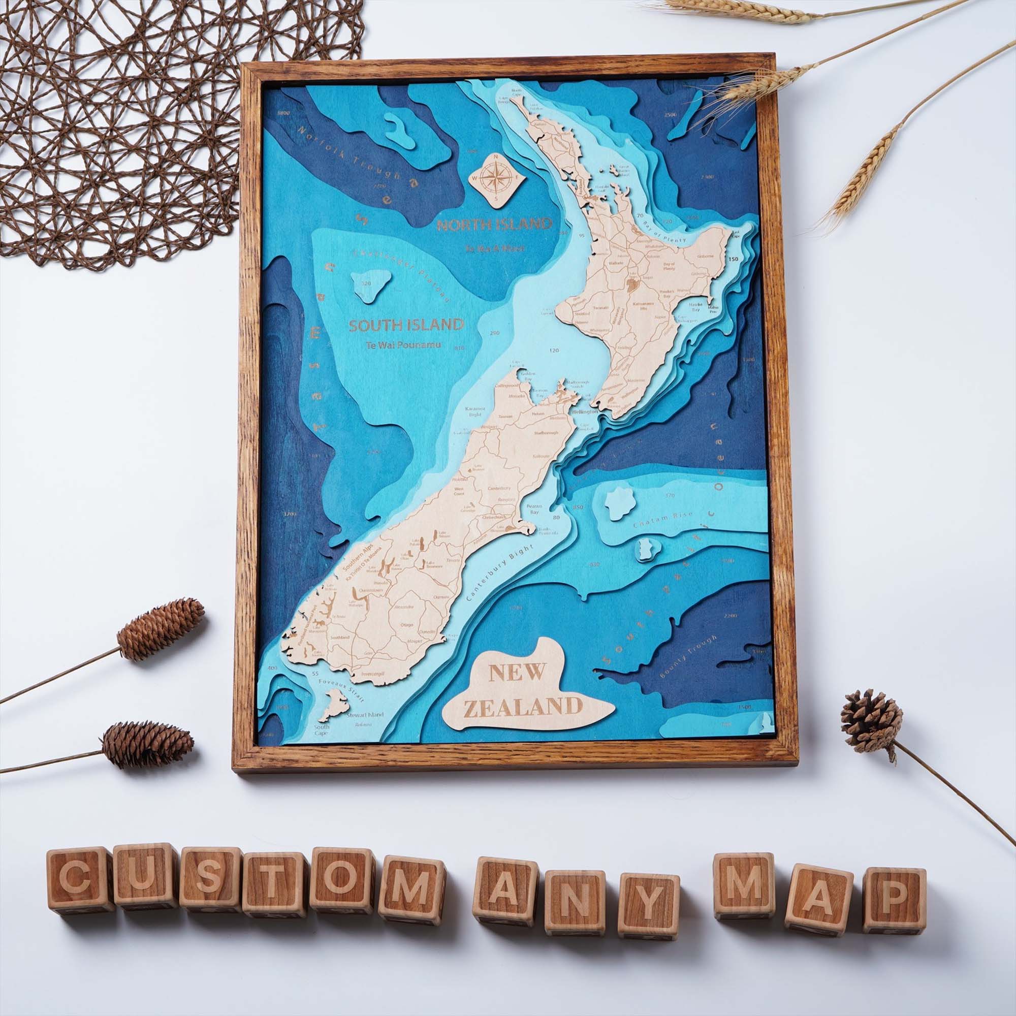 New Zealand Ocean Personalize Wood Art, Ocean Topographic Map, Ocean Wall Art