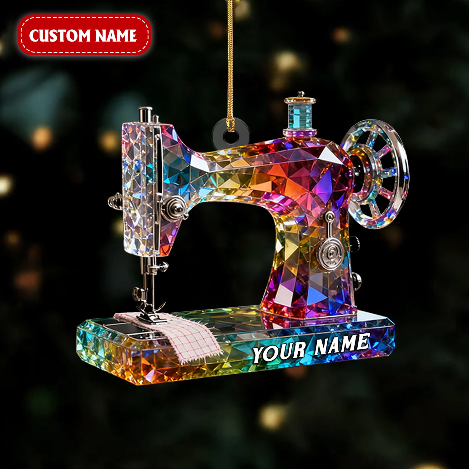 Stained Glass Effect Sewing Machine Custom Name Acrylic Christmas Ornament, Seamstress Gift, Xmas Decor