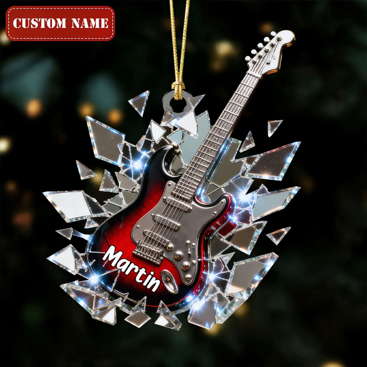 Shattered-Mirror Mini Electric Guitar Custom Name Stained Glass Effect Acrylic Christmas Ornament, Guitarist Gift