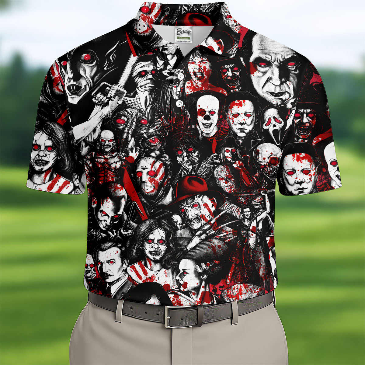 Horror Character Pattern Golf Polo Shirt, Golf Apparel For Men, Mens Polo Halloween Shirts