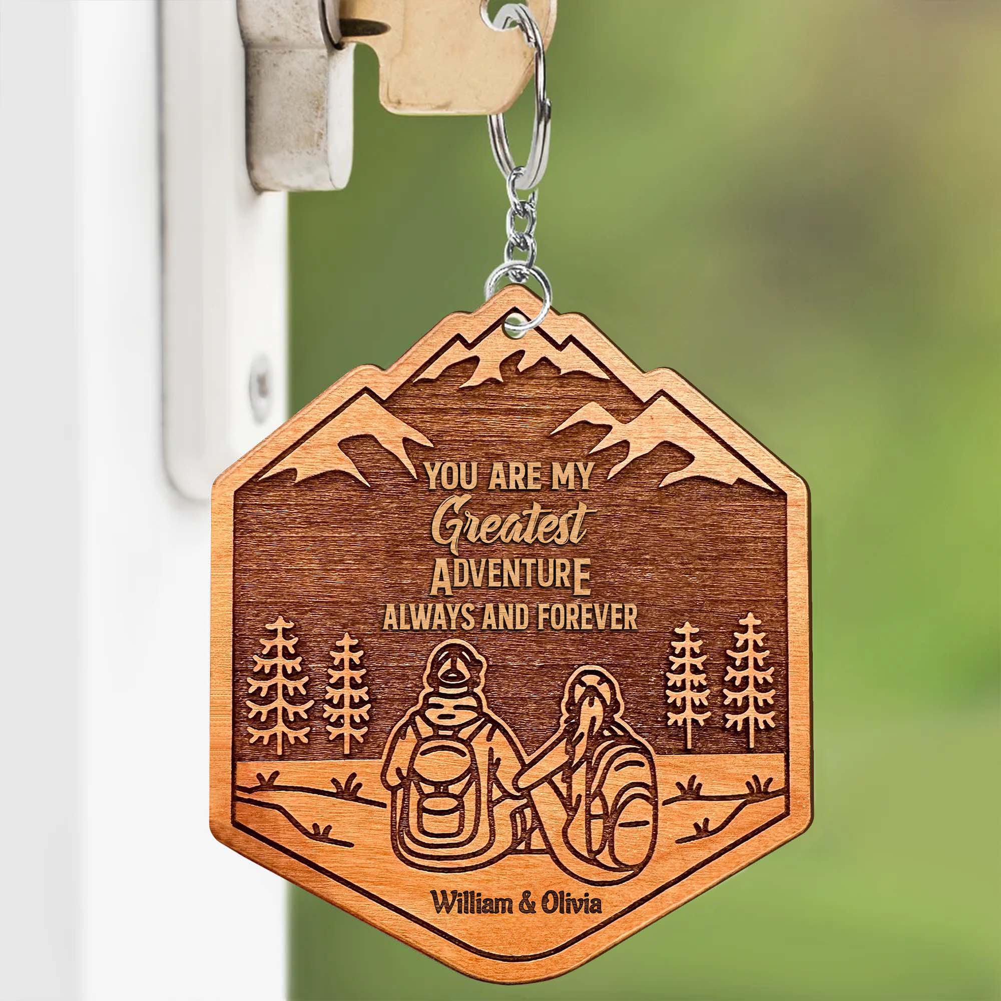 Personalized Hiking Couple Wood Keychain, Gift For Camping Lover, Valentine Couple Gift