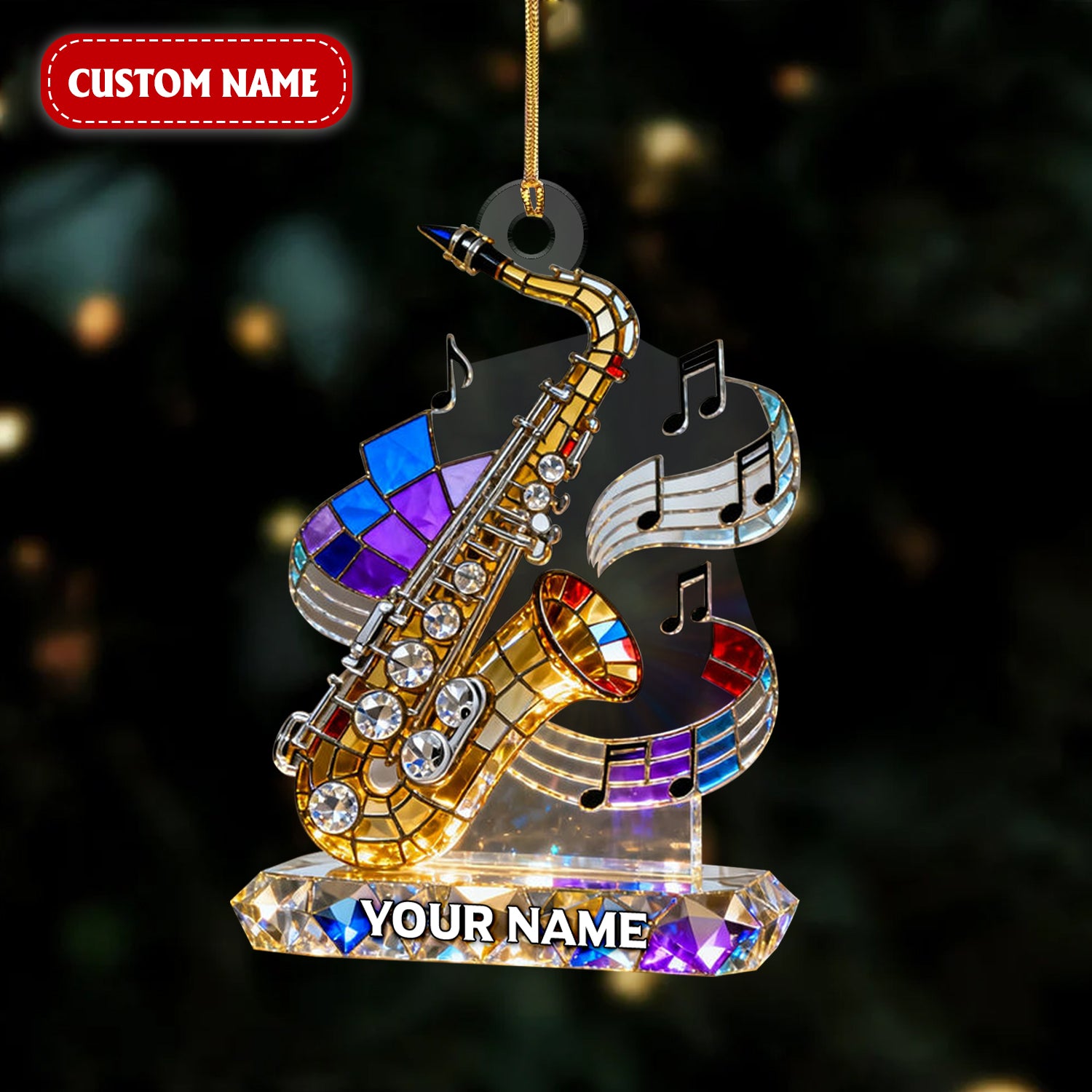 Custom Saxophone Art Figurine Stain Glass Crystal Effect Acrylic Ornament, Music Theme Christmas Unique Gift