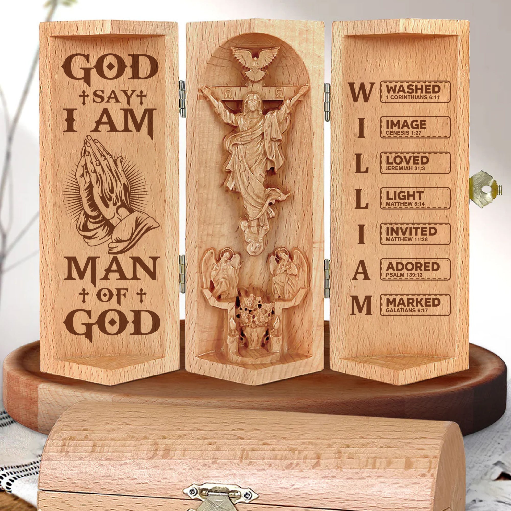 God Say I Am Man Of God Personalized Openable Wooden Cylinder Sculpture of Jesus Christ, Christian Gifts