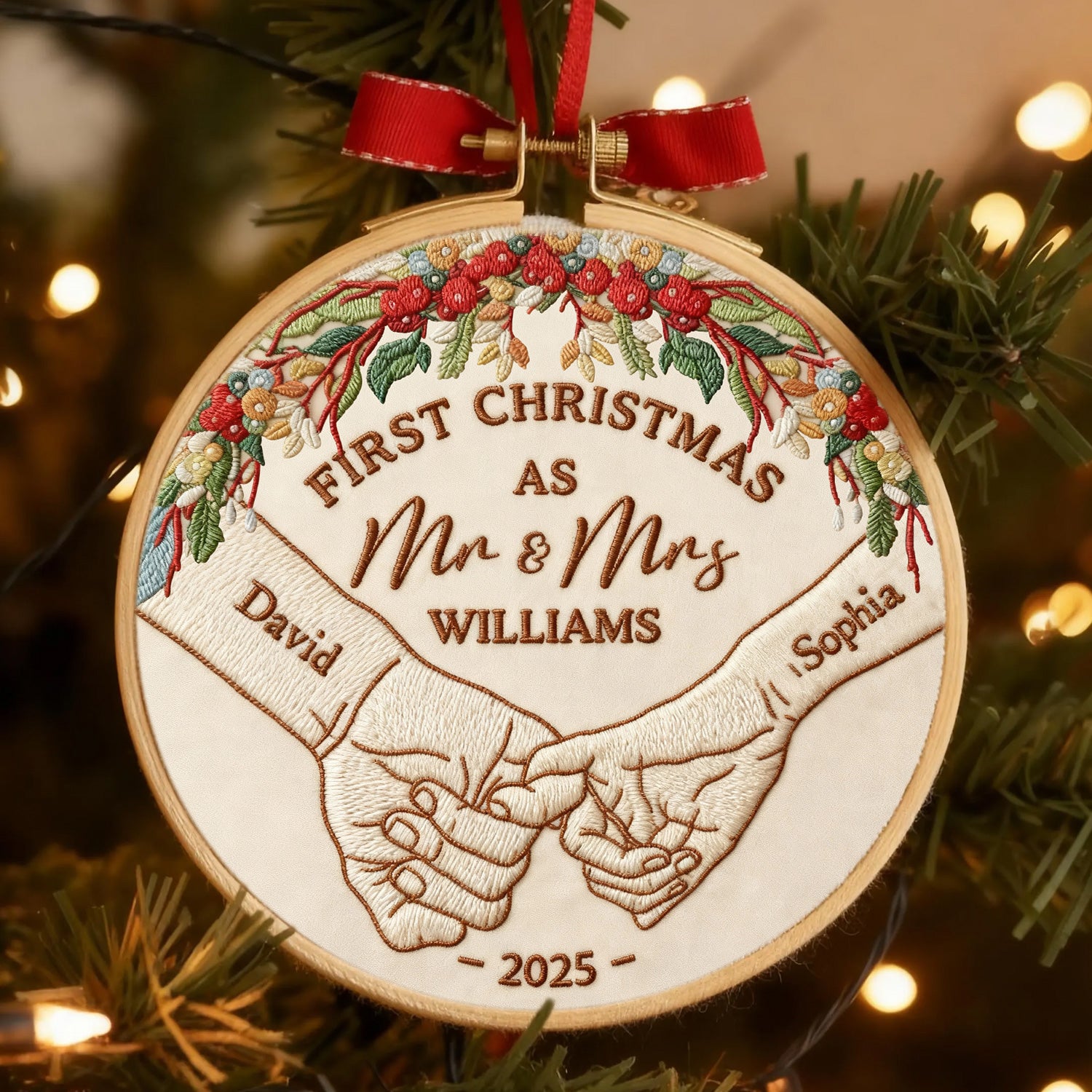 Personalized First Christmas As Mr Mrs Embroidery Hoop Ornament, Couple Ornament, Newly Wed Gift
