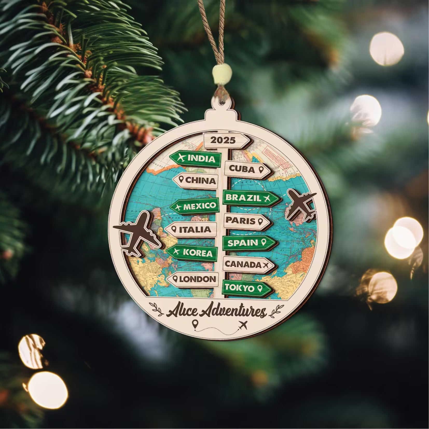 Traveling Destination Custom Wood Ornament, Christmas Gift For Travellers, Travel Adventure Custom Suncatcher