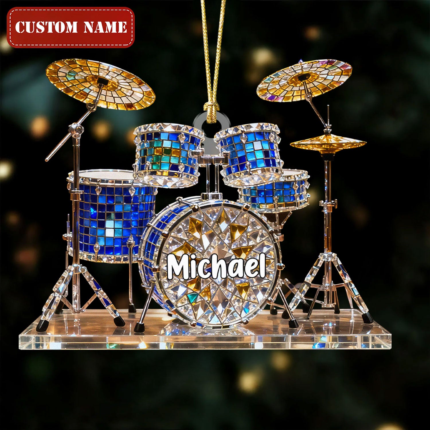 Blue Sapphire Drum Set Custom Name Stained Glass Effect Acrylic Christmas Ornament, Presents For Drummers