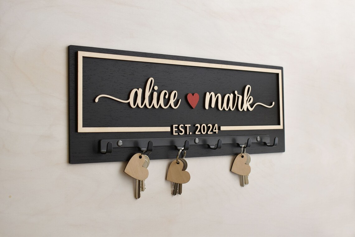 Personalized Couple Wooden Key Holder, Entryway Key Holder, Entryway Wall Organizer, Couple Valentine Gift