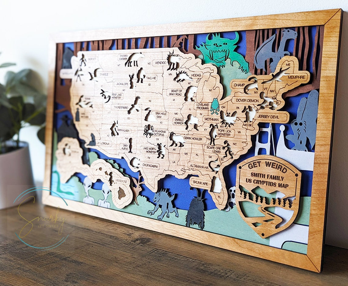 Cryptids Map, Map Of Cryptids In The USA, The Monster Map, Cryptozoology Wooden Map Tracker