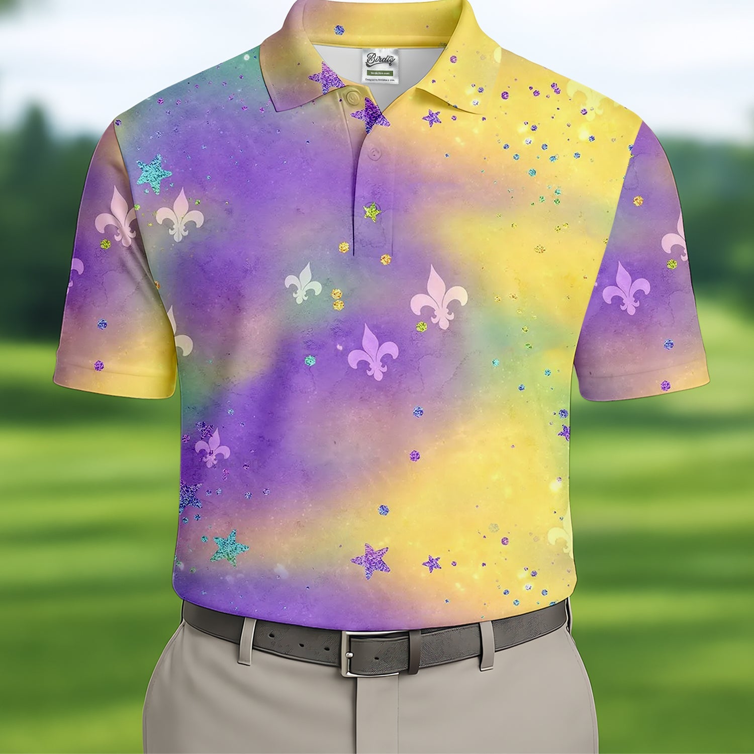 Fleur-De-Lis Symbol Green Gold Purple Blended Color Mardi Gras Golf Shirt, Golf Tops For Men, Polo For Men
