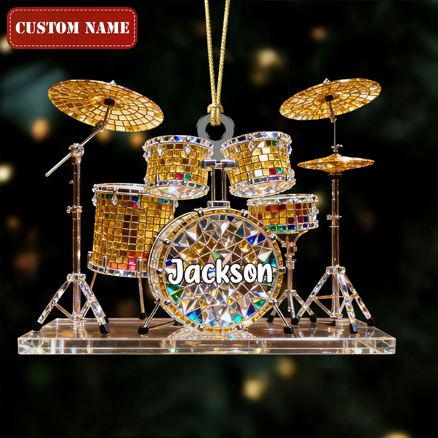 Golden Drum Set Custom Name Stained Glass Effect Acrylic Christmas Ornament, Presents For Drummers