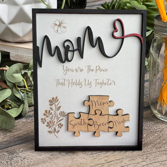 Personalized Mom Puzzle Wood Sign With Kids Name, Gifts For Mother's Day, You Are The Piece That Holds Us Together Home Wall Decor