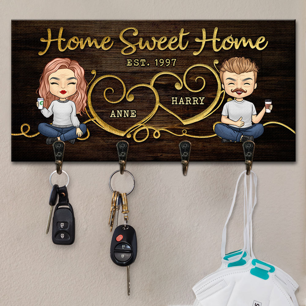 Home Sweet Home Personalized Wooden Key Holder For Wall, Gift for Couples