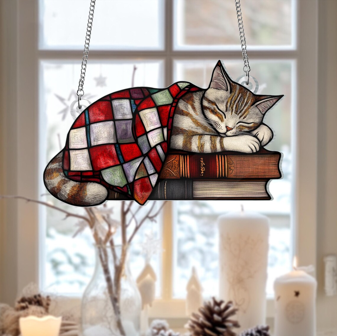 Black Cat And Book Suncatcher Ornament, Books Ornament, Cat Lover Gift, Cat Decor