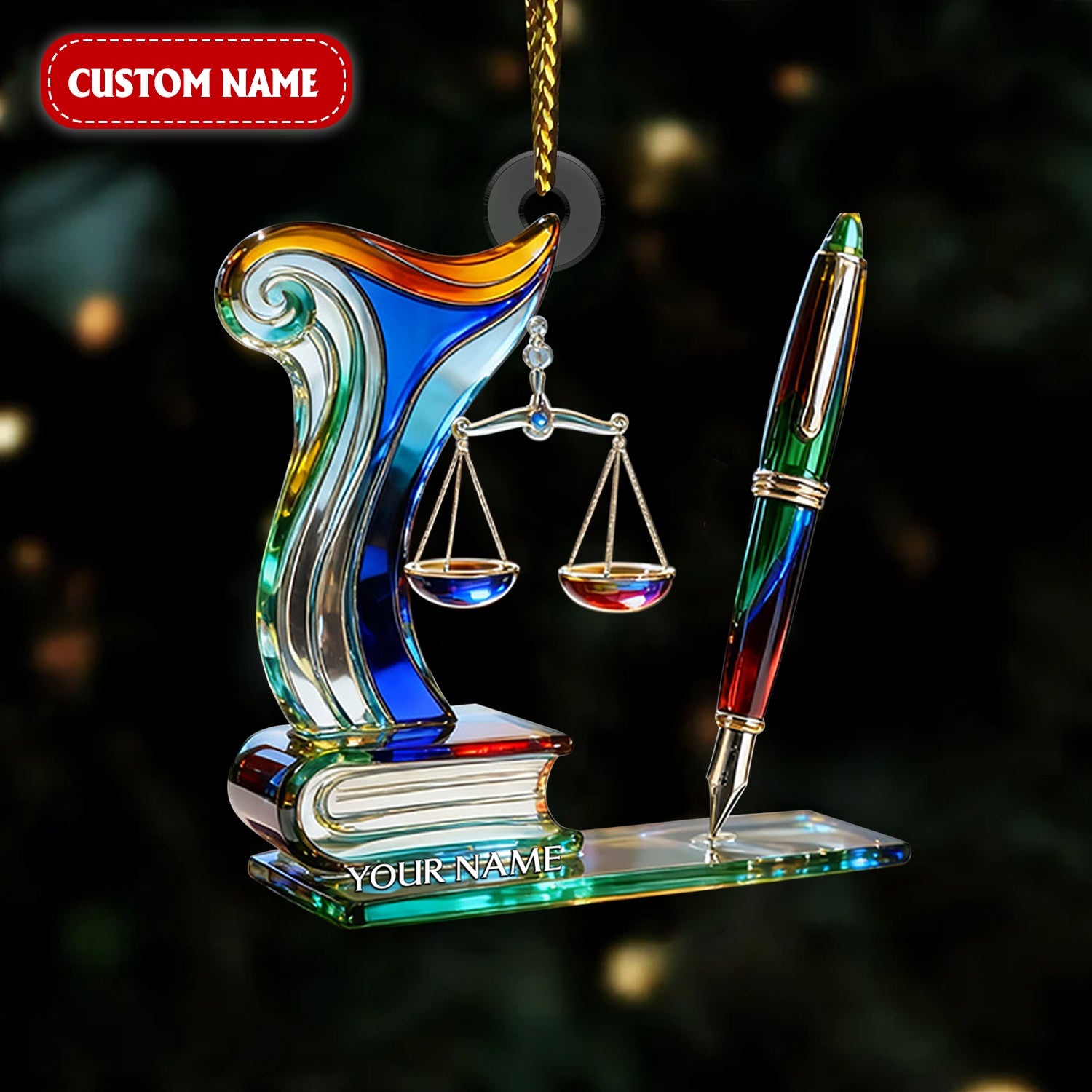 Scales of Justice & Pen Acrylic Ornament, Crystal Law Ornament, Gift for Lawyers, Christmas Tree Ornament