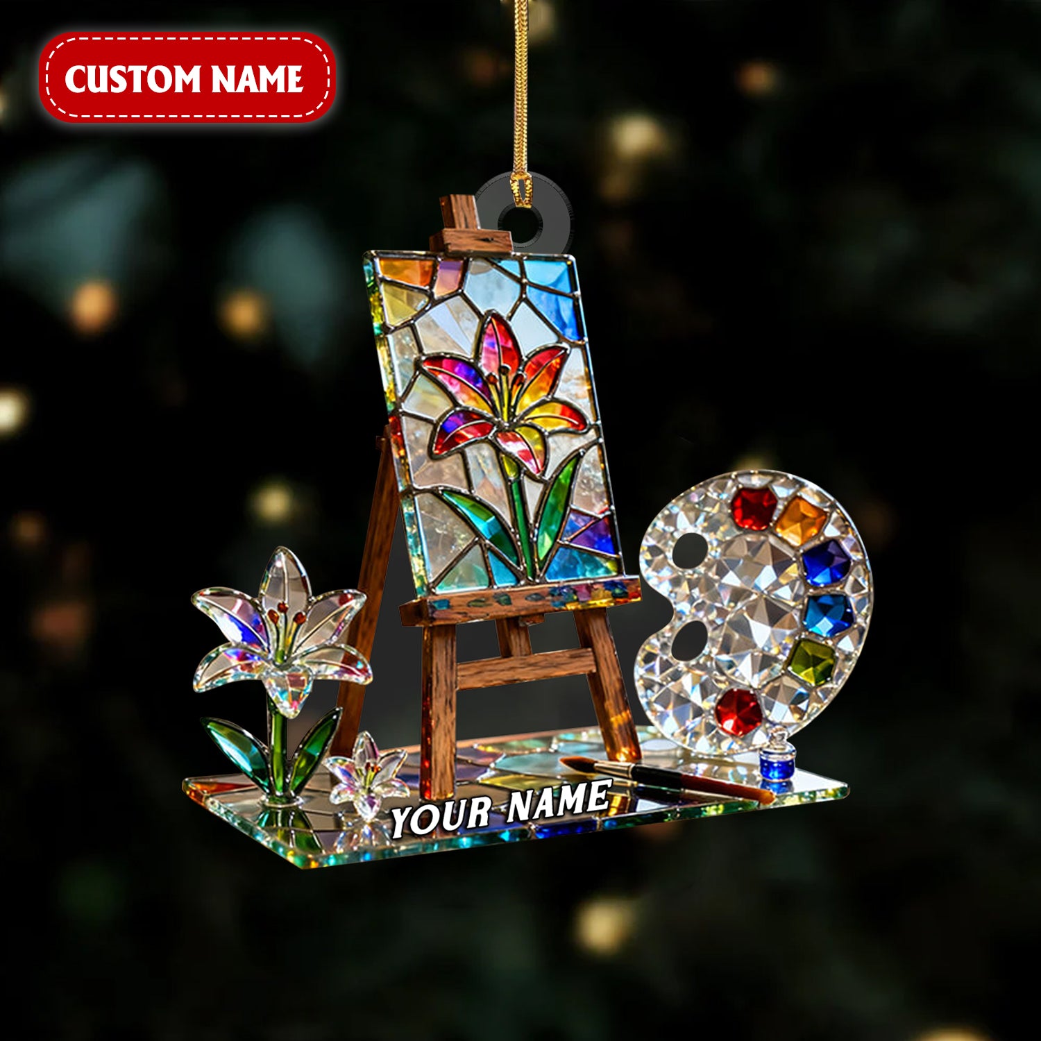 Art Easel Stand Custom Name Stained Glass Effect Acrylic Ornament, Xmas Decor, Artist Christmas Ornament