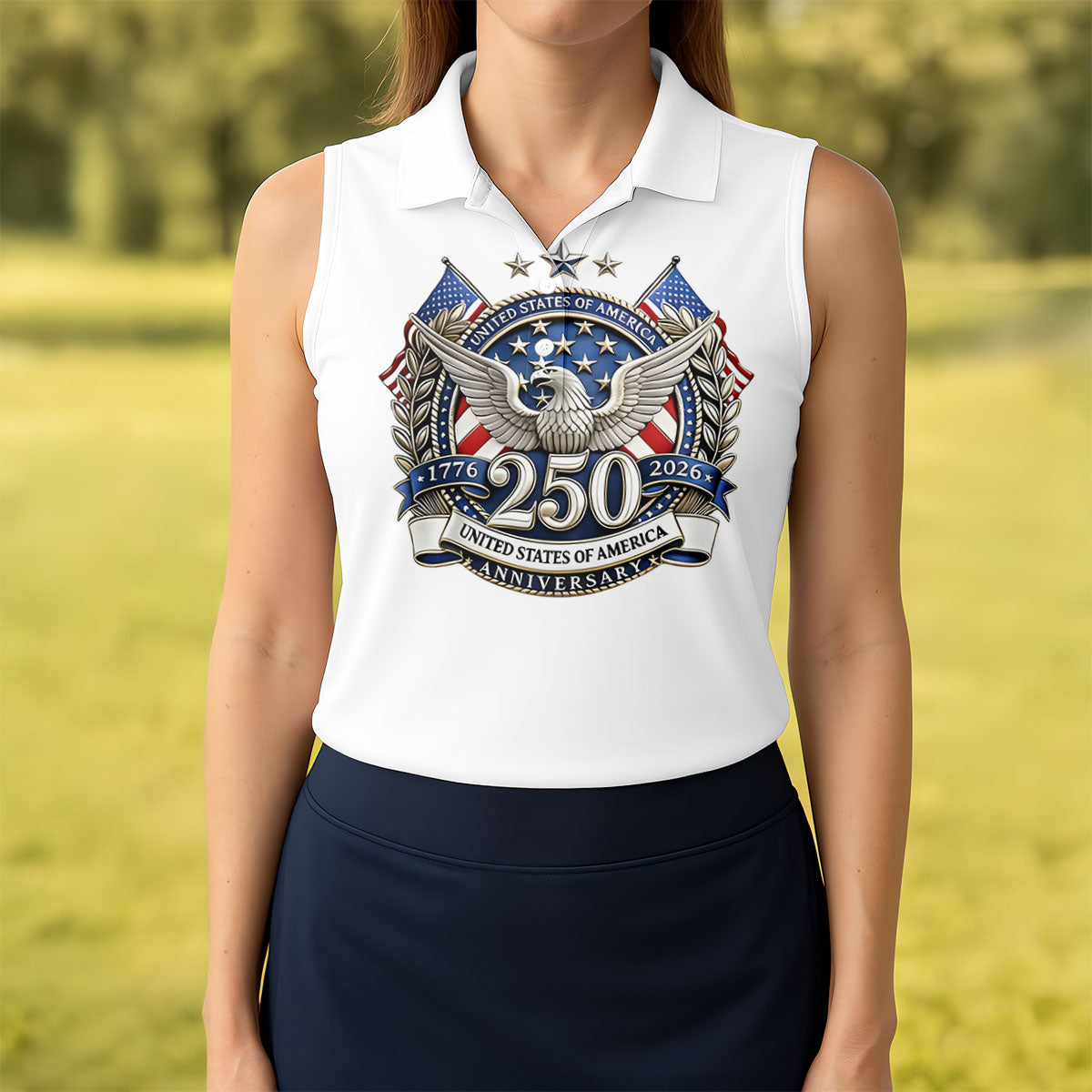 Patriotic Bald Eagle Blue And White Camo White Golf Shirt, 250th Anniversary Women's Golf Shirts