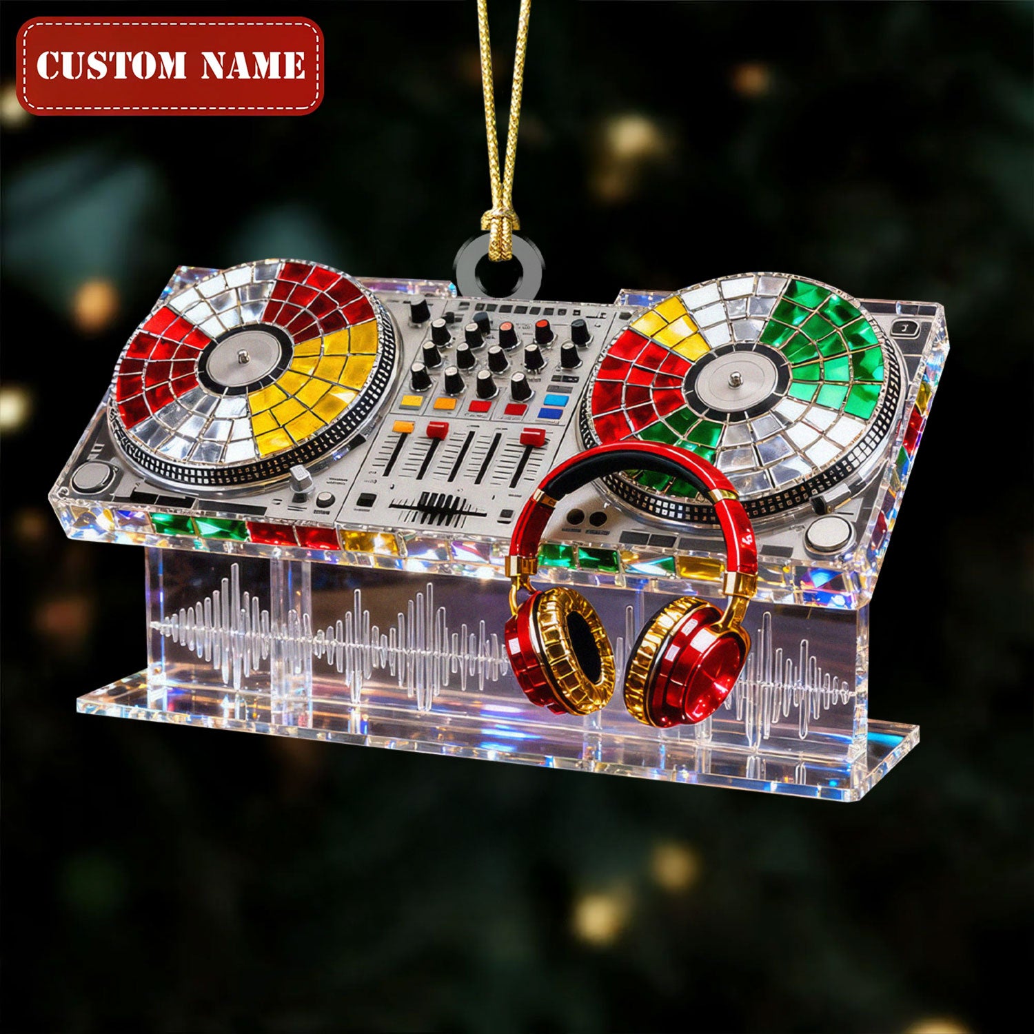 Disc Jokey Custom Name Stained Glass Effect Acrylic Christmas Ornament, Gift For DJ, Music Ornament
