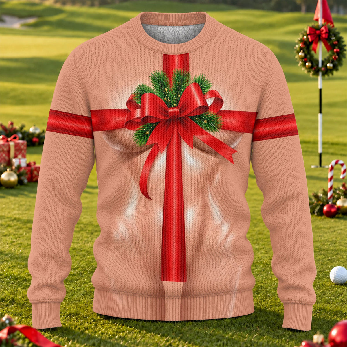 Christmas Gift Wrap Bow Sweater, Christmas Golf Shirt For Men, Ugly Christmas Sweater