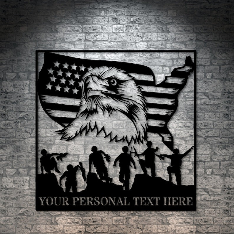 Personalized Military Team Metal Sign Gift, US Veteran Monogram, US Soldier Wall Hanging, Patriotic Eagle Wall Art, Custom Army Plaque Decor