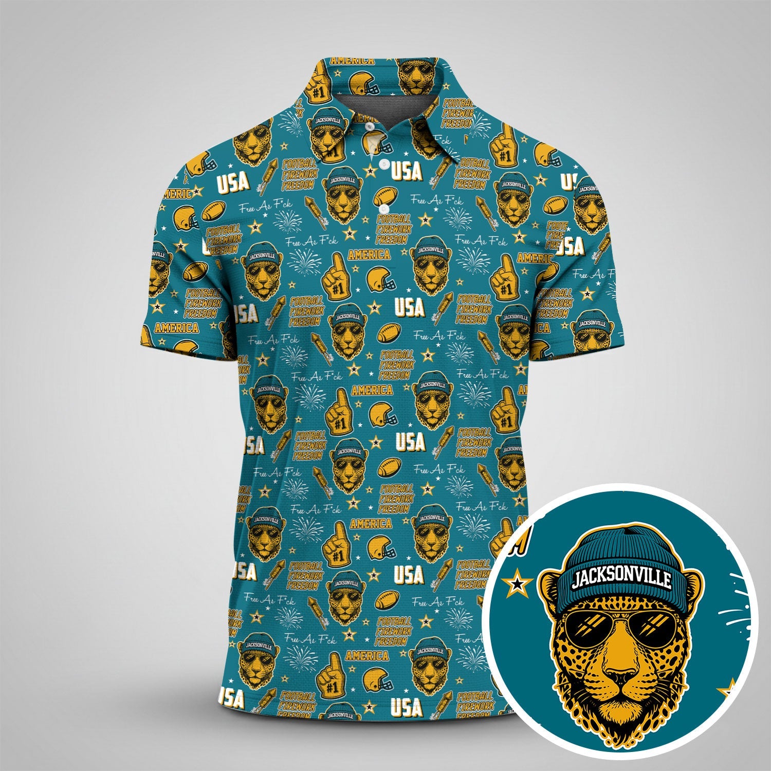 Anthropomorphic Jaguar Teal Black Gold Sport Polo, American Football League Gift Ideas For Football Fans