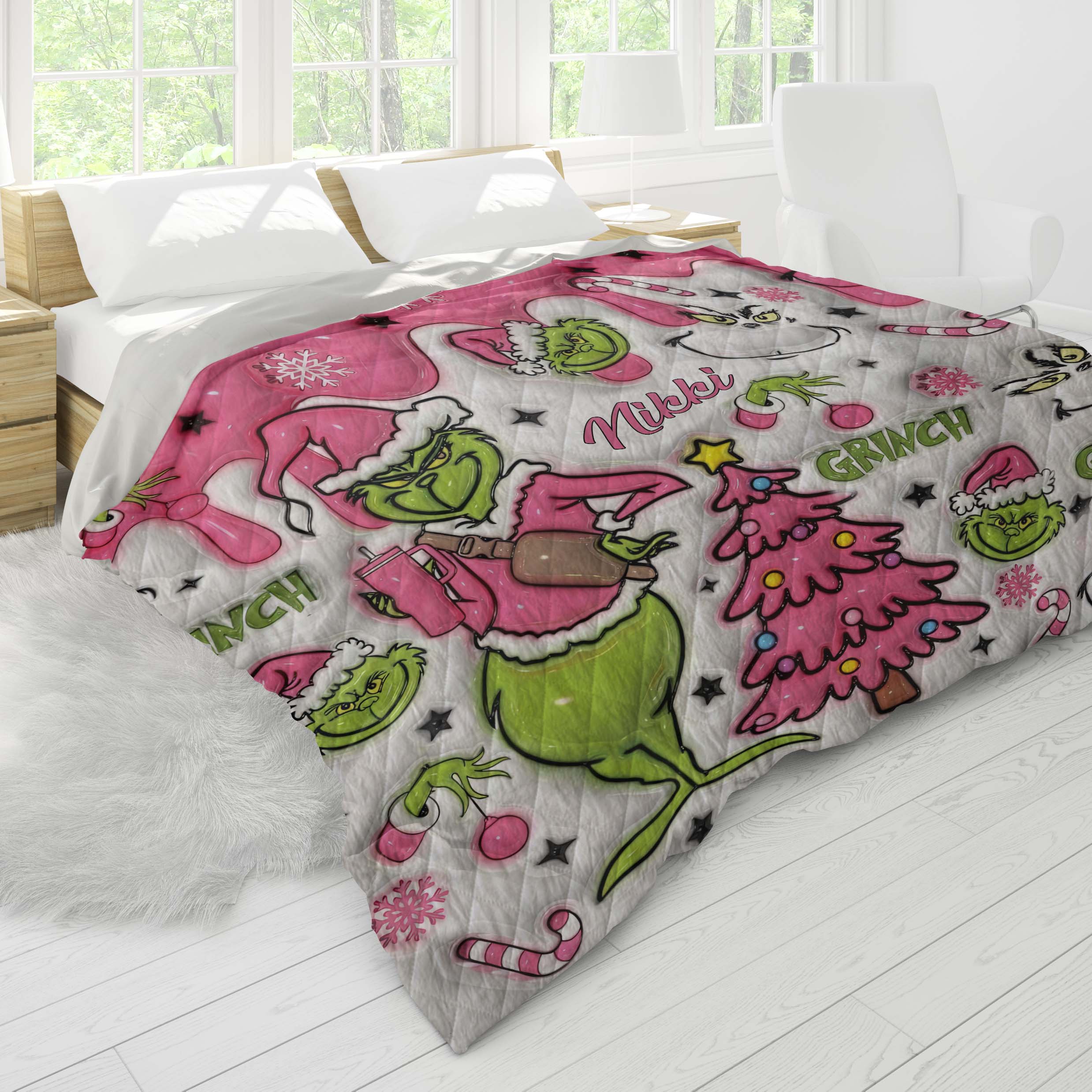 Personalized 3D Pink Grinch Christmas Quilt Blanket, Christmas Gifts