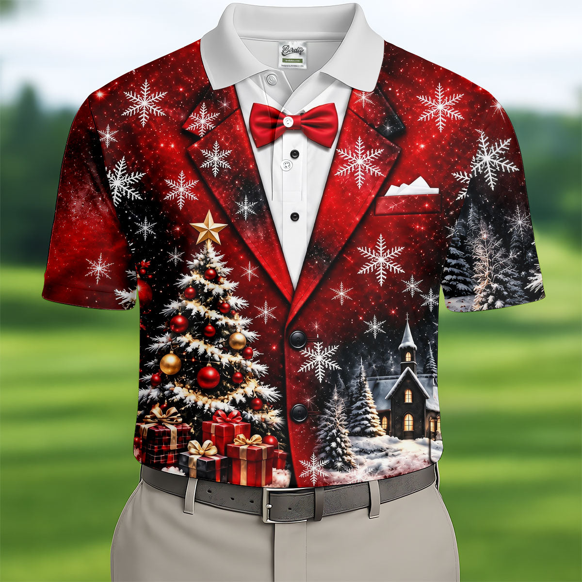 Tuxedo Tree Snowflakes Christmas Golf Shirt, Golf Shirts For Men, Mens Golf Apparel