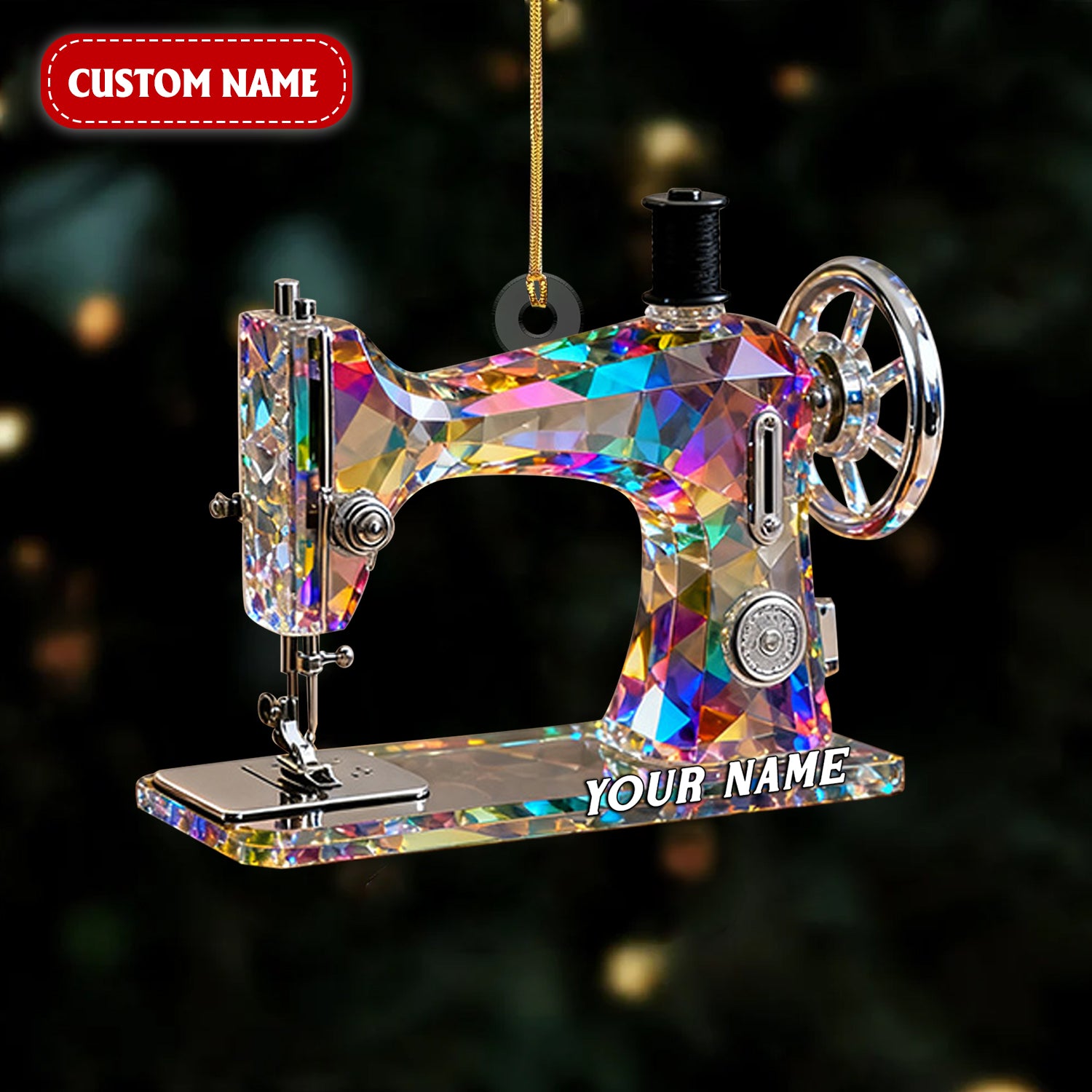 Stained Glass Effect Sewing Machine Custom Name Acrylic Ornament, Gift For A Tailor, Xmas Decor