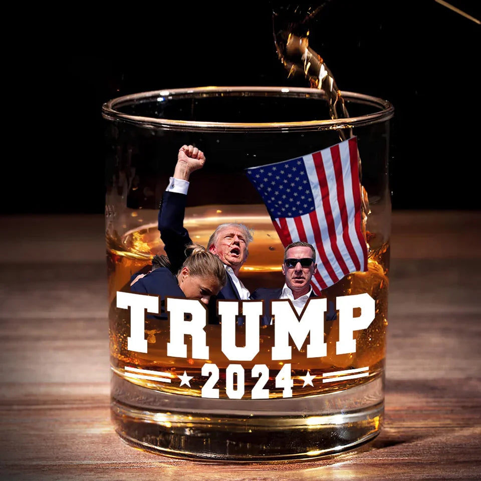 Trump2024 Fight Fight Fight Whiskey Glass, Patriotic Wine Glass, Presents For Dad