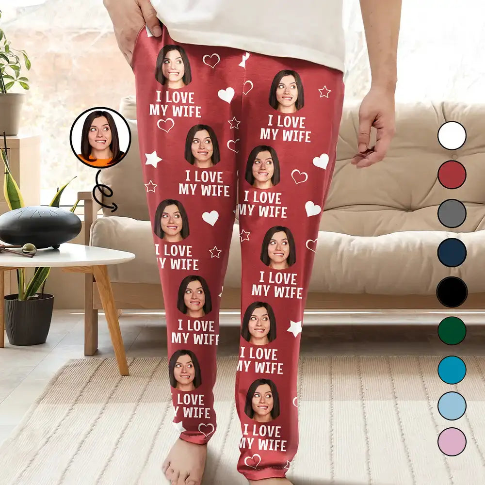 Custom Photo I Love My Wife Funny Pajama Pants, Personalized Pajama Pants, Funny Valentine Gifts