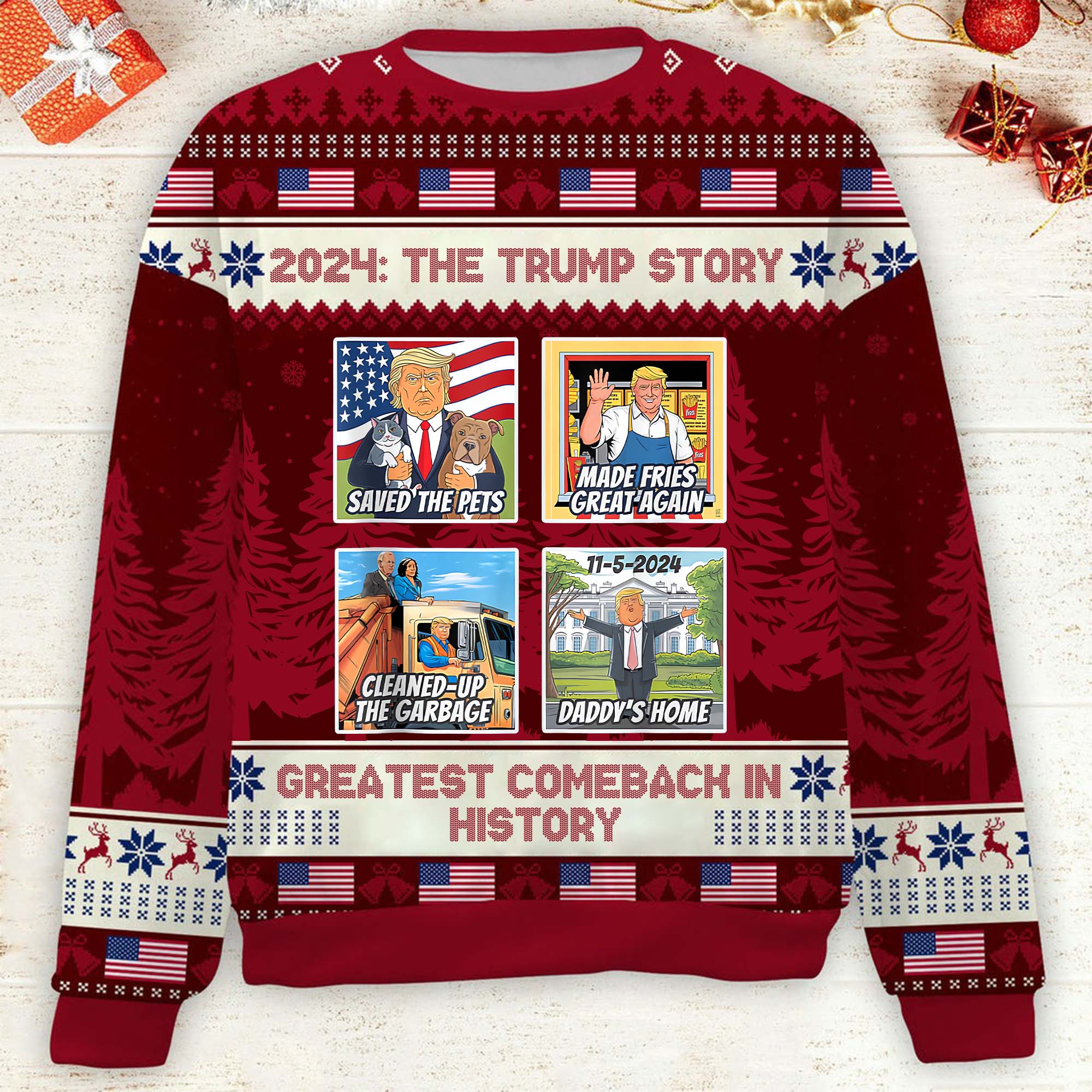 The Trump Story Funny Humorous Trump2024 Christmas Ugly Sweater, Funny Political Shirts