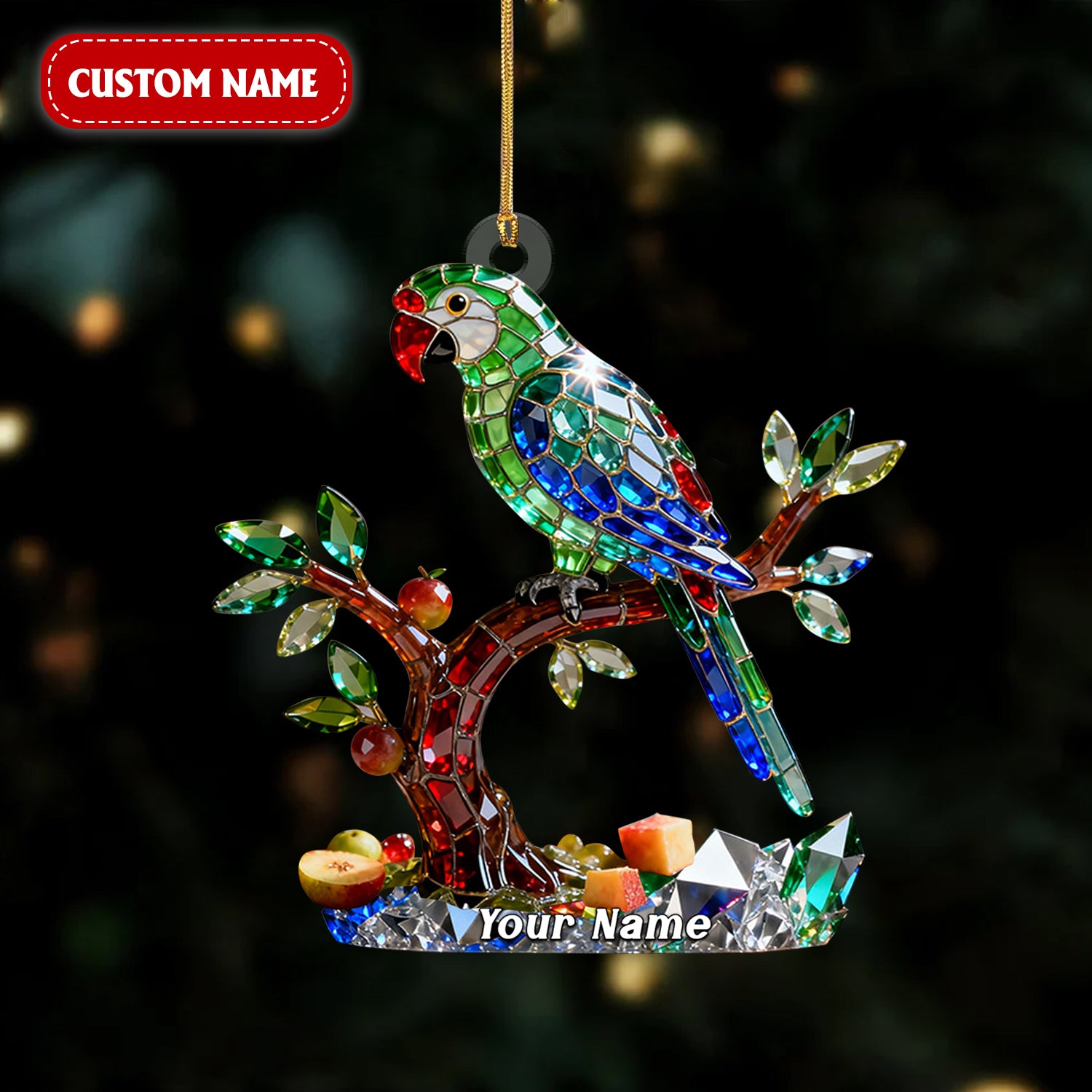 Colorful Parrot Custom Name Stained Glass Effect Acrylic Ornament, Parrot Christmas Ornaments