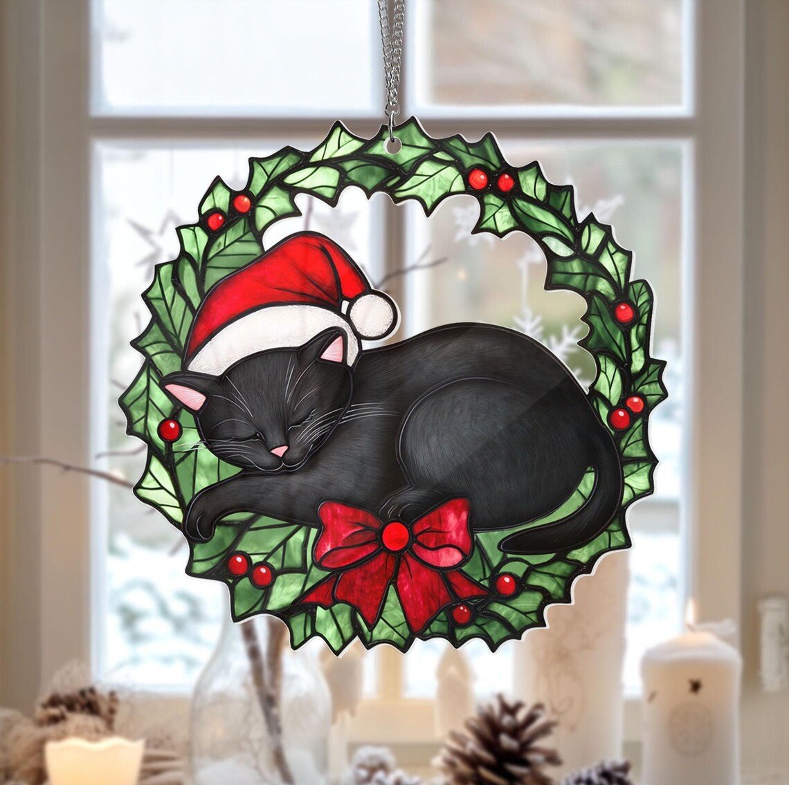 Black Cat Christmas Ornament, Christmas Cat Suncatcher Ornament, Christmas Wreath Ornament