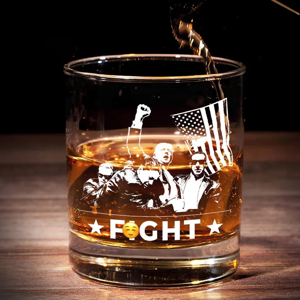 Trump2024 Fight Fight Fight Whiskey Glass, Double Old Fashioned Glass, Cool Christmas Gifts For Dad