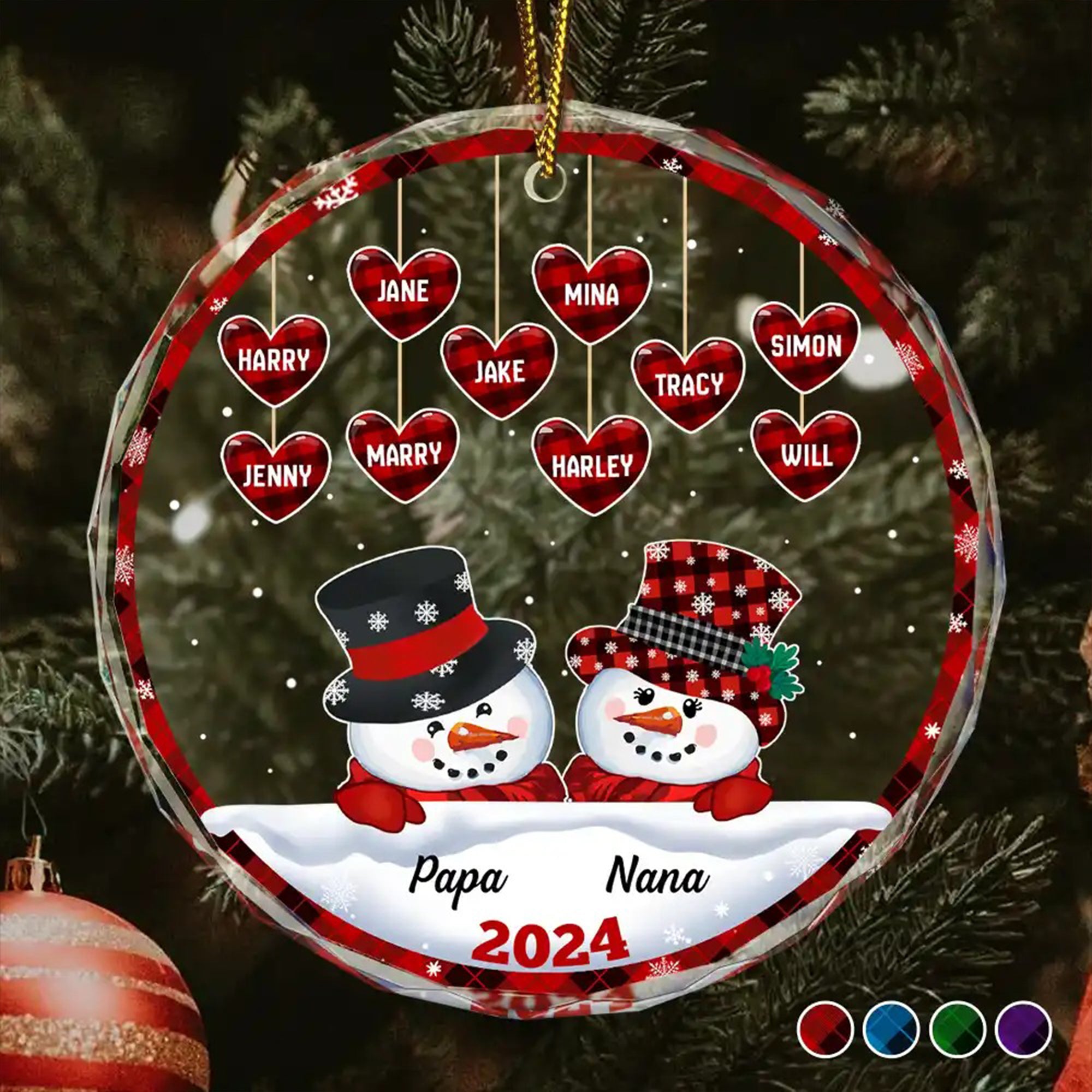 Papa Nana Snowman Personalized Christmas Glass Ornament, Gift For Grandparents