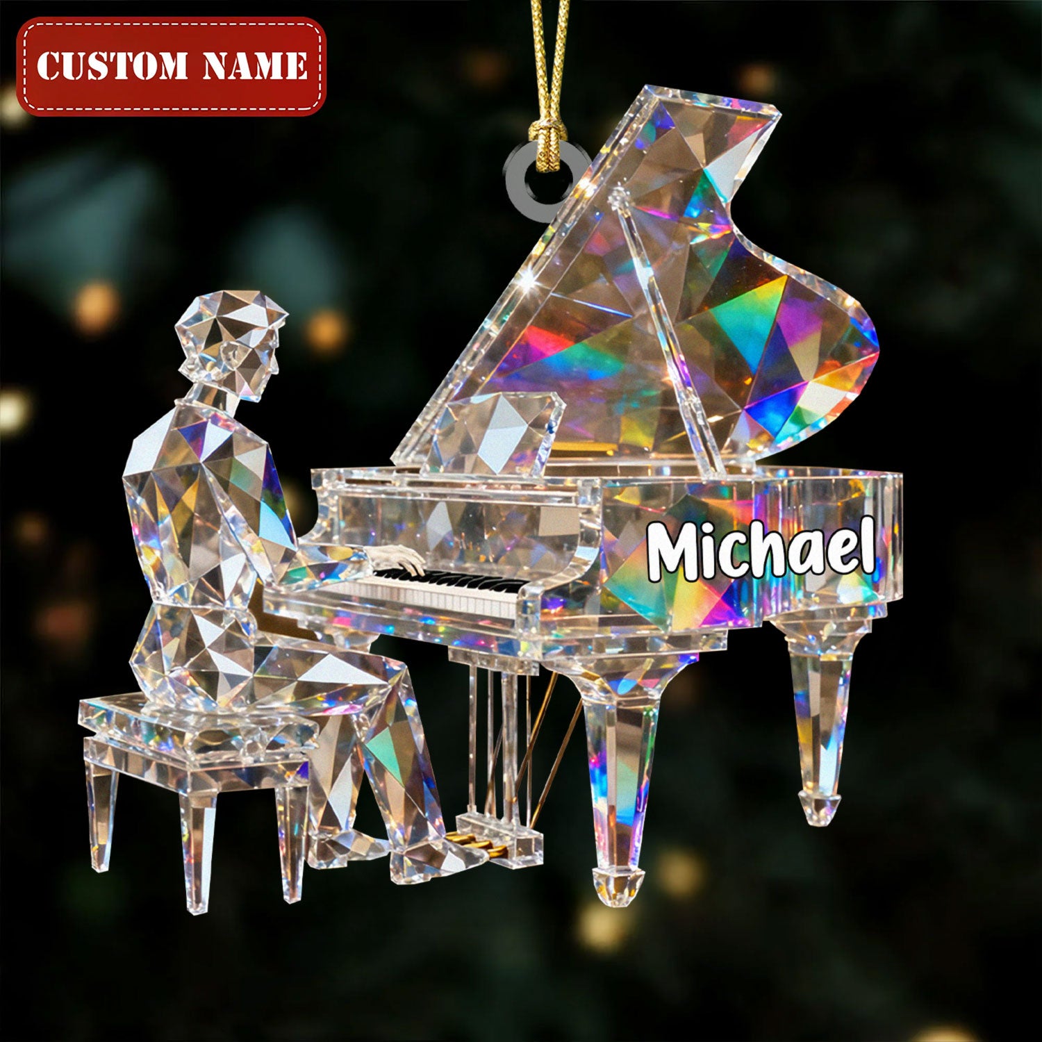 Pianist Custom Name Stained Glass Effect Acrylic Christmas Ornament, Pianist Gift, Music Ornament