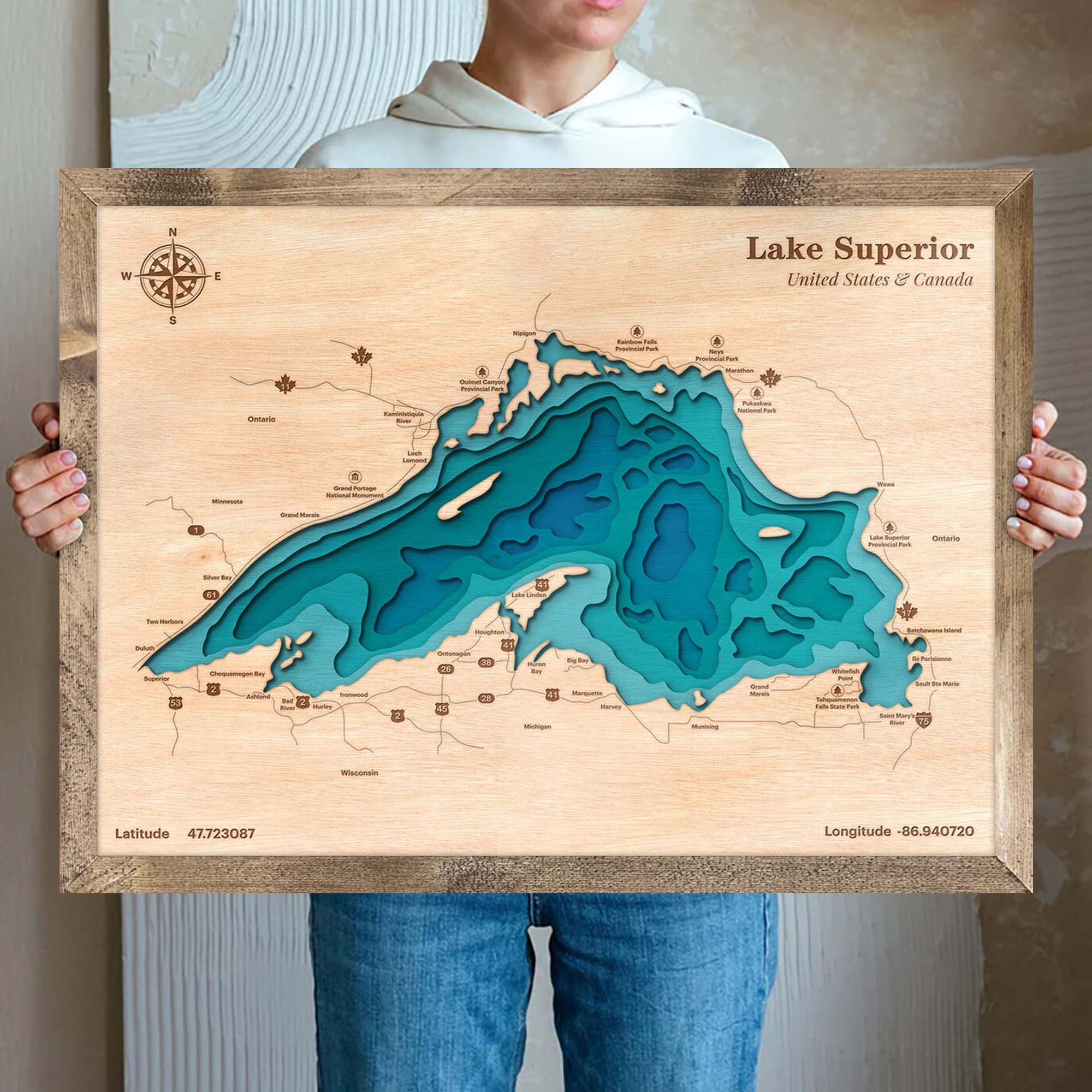 Lake Superior Customize Wood Art, Topographic Lake Map, Lake Wall Art