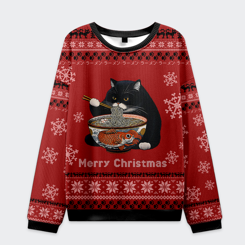Fat Cat Eating Ramen Funny Ugly Sweater, Ugly Xmas Sweater, Christmas Ugly Sweatshirt