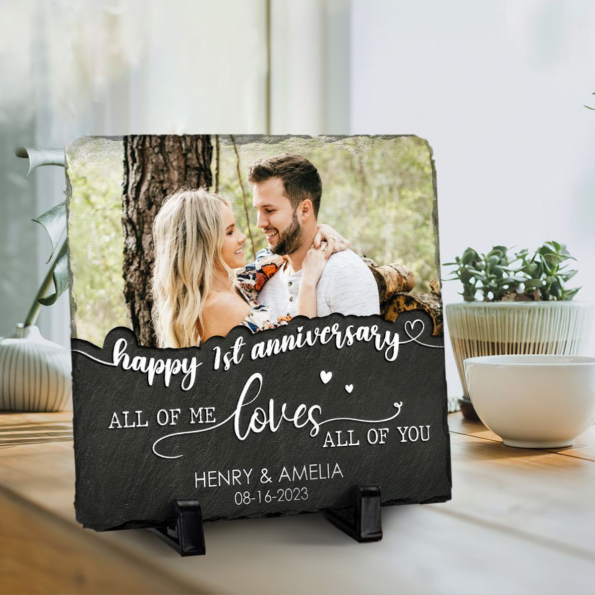 All Of Me Loves All Of You Stone With Stand, Custom Photo Slate Stone, Couple Anniversary Gifts