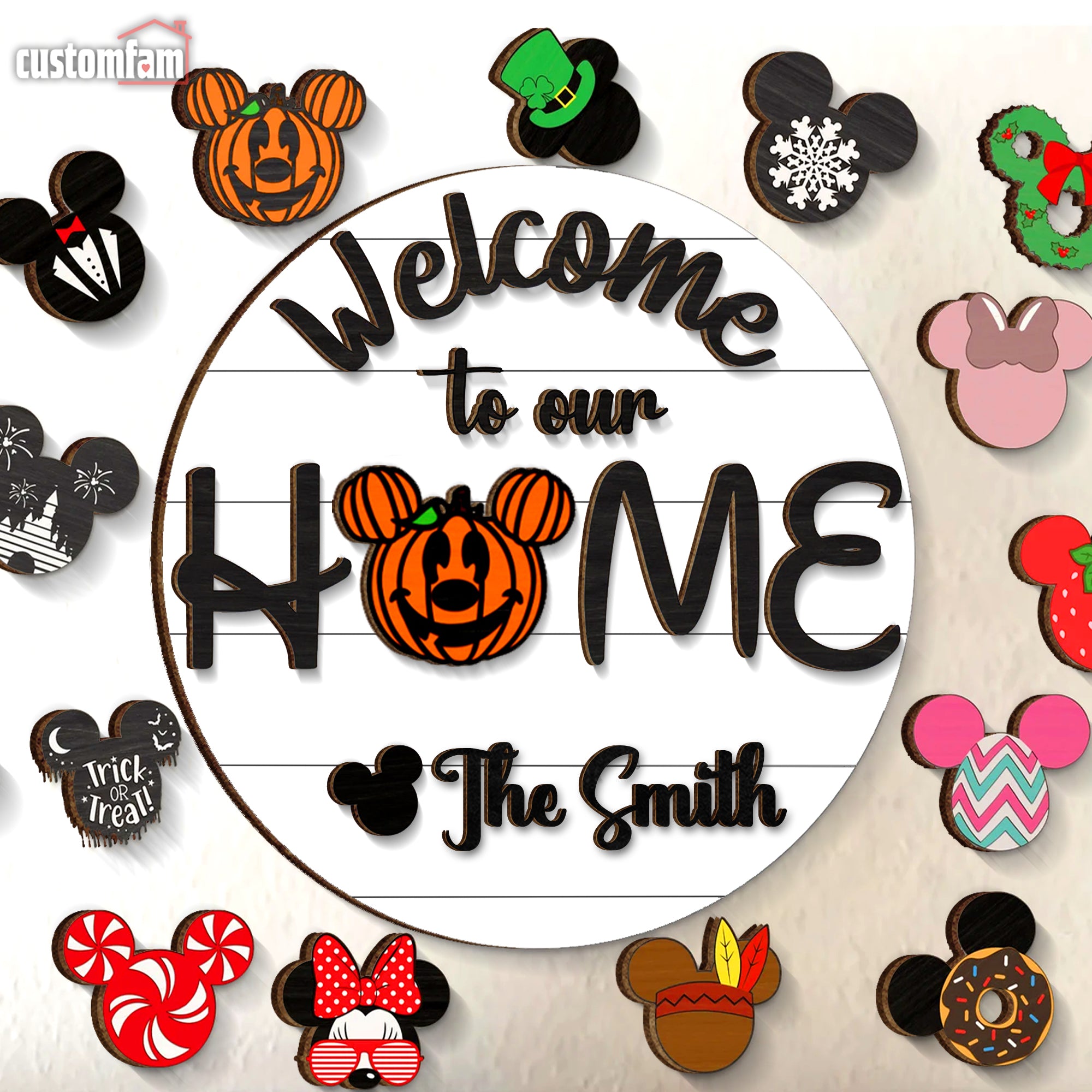 Welcome To Our Home Personalized Disney Round 3D Wooden Sign, Mickey Welcome Sign