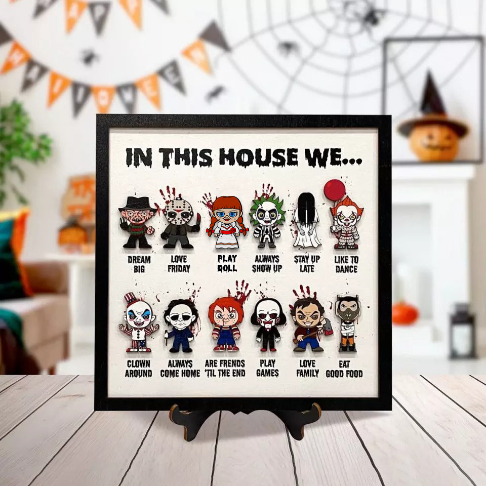 In This House We Horror 3D Frame Wooden Sign, Scary Movie Fan Gift, Halloween Decor