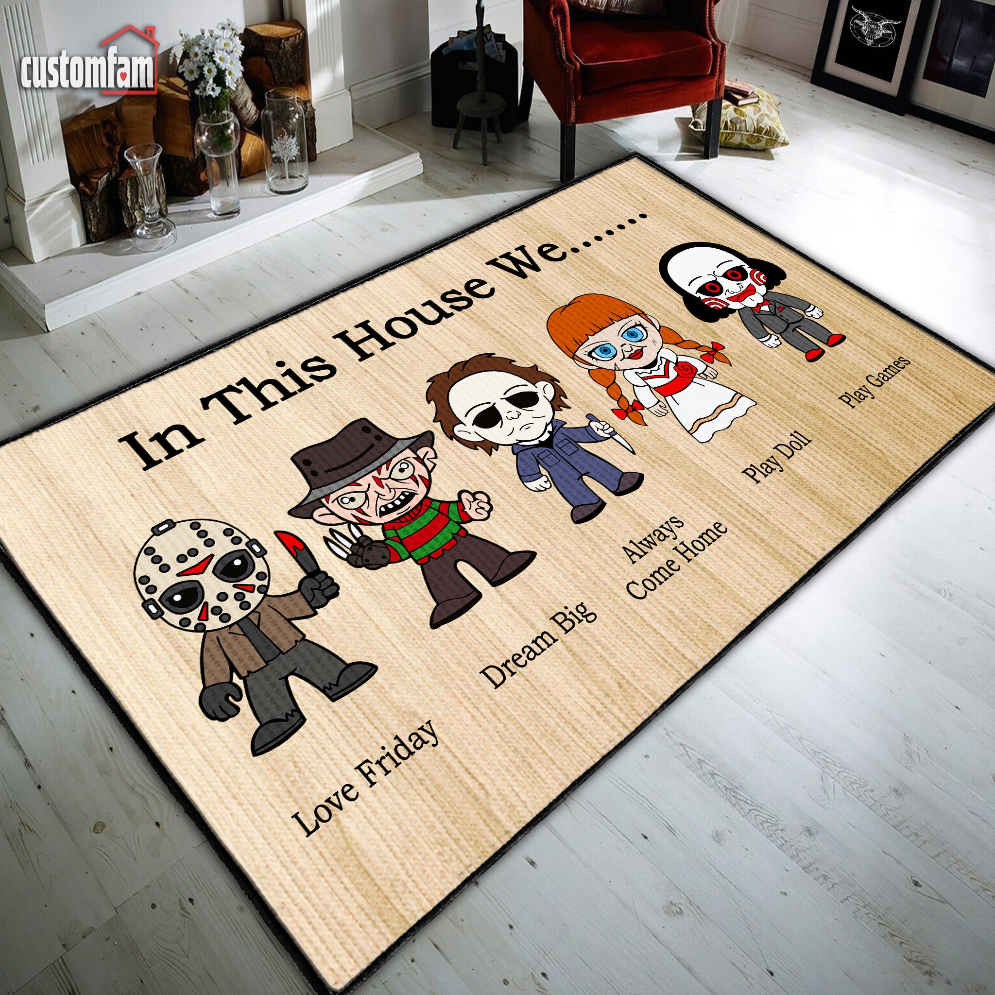 In This House Horror Movies Characters Area Rug, Halloween Decor Indoor, Horror Movies Fan Gifts