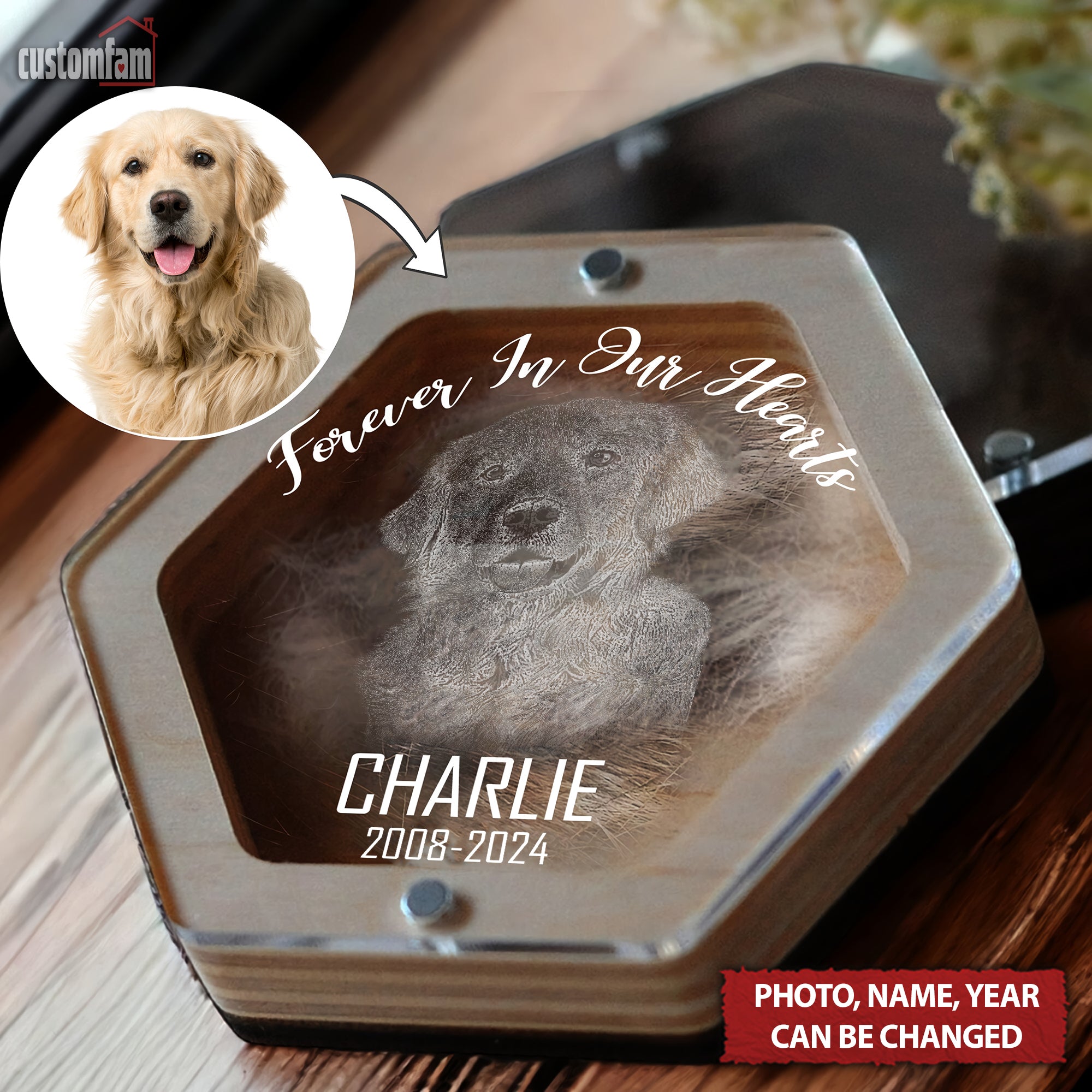 Custom Pet Hair Wooden Keepsake Box, Dog Portrait, Loss of Pet Gifts