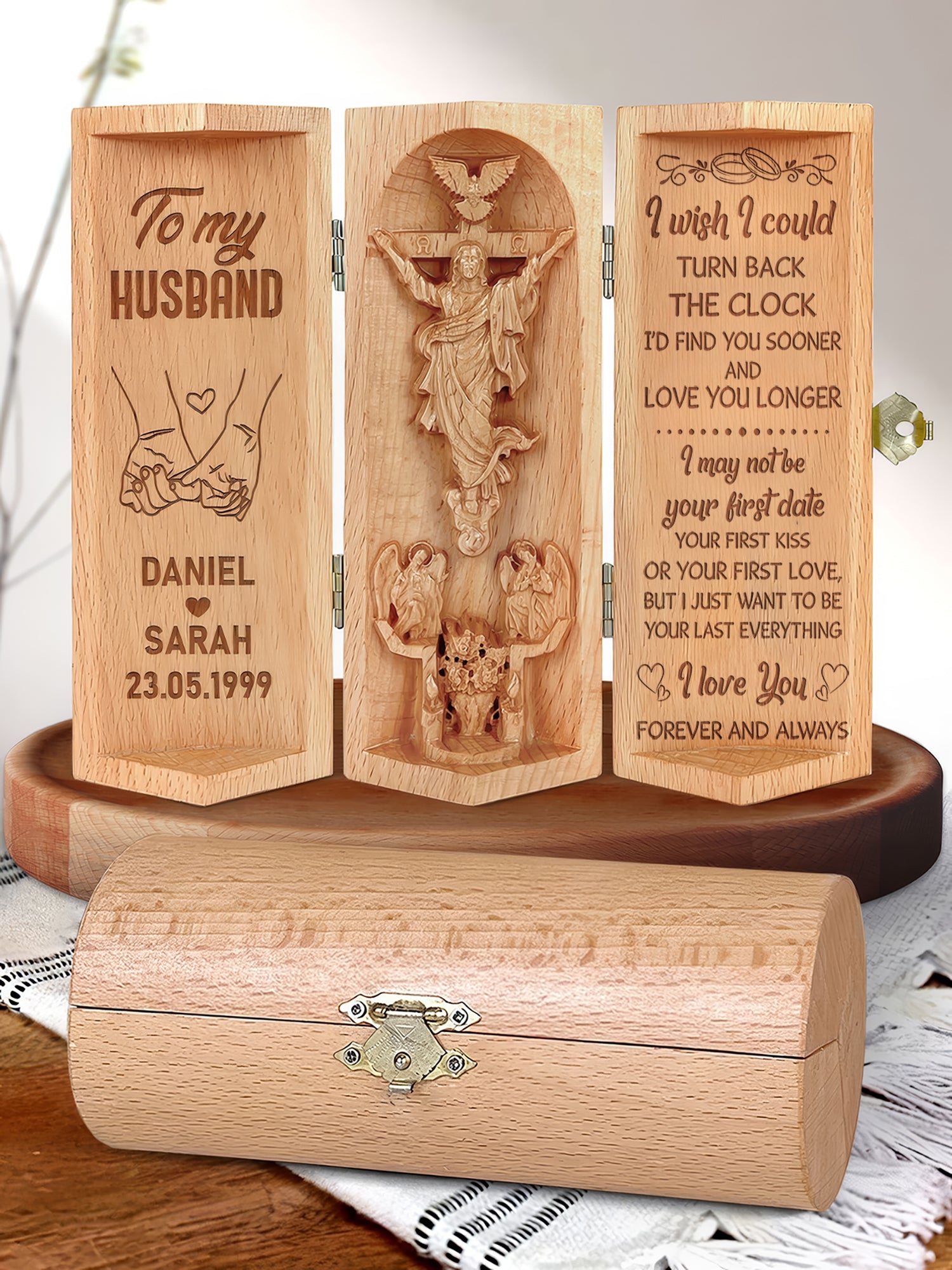 To My Husband Personalized Openable Wooden Cylinder Sculpture of Jesus Christ, Christian Gifts