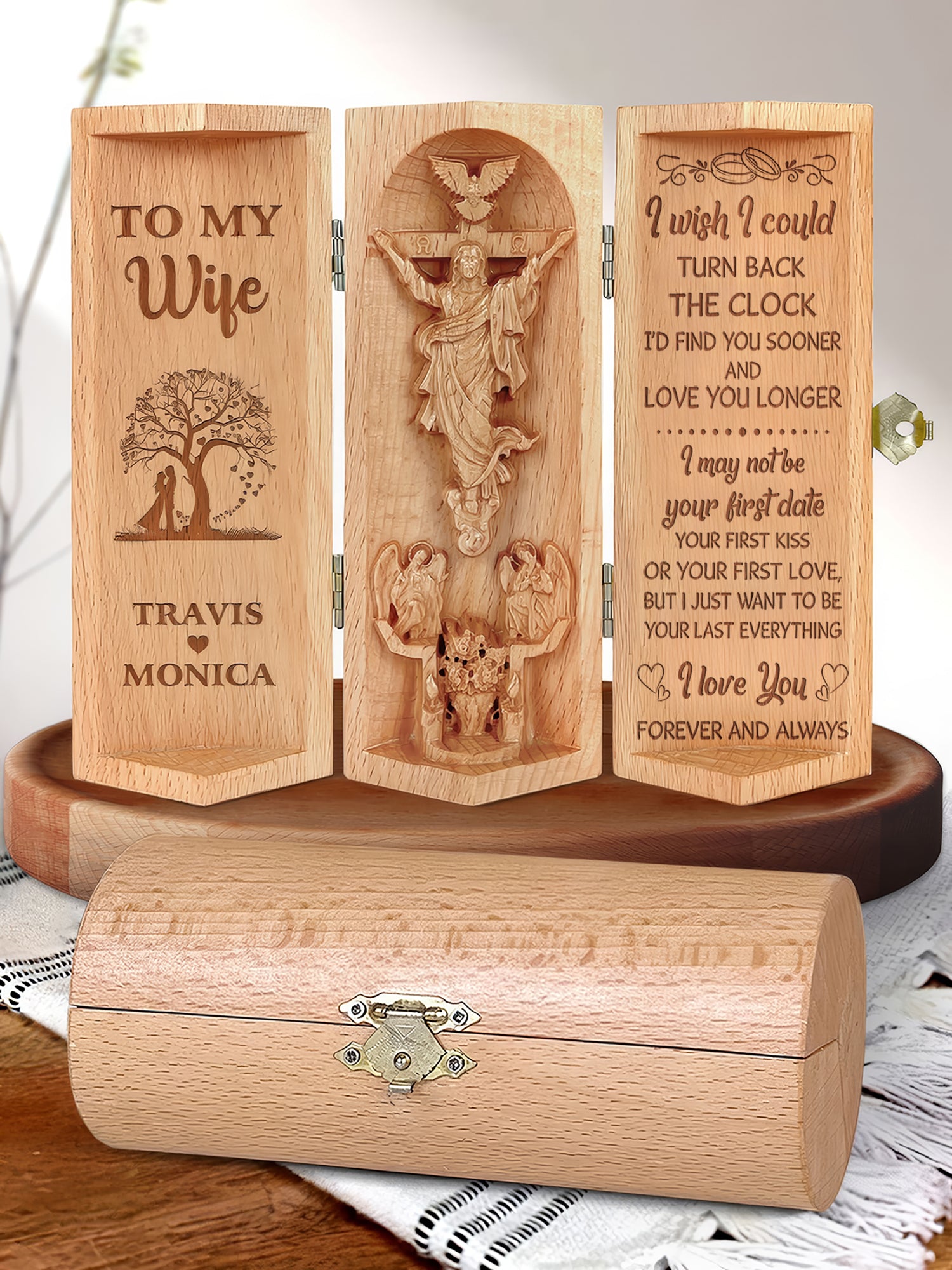 To My Wife Personalized Openable Wooden Cylinder Sculpture of Jesus Christ, Christian Gifts