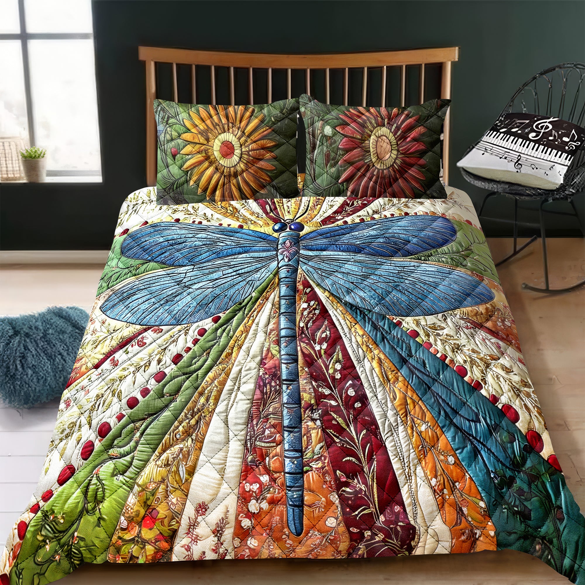 Golden Dragonfly Quilt Bed Sets, Bedding Set, Bedroom Decor