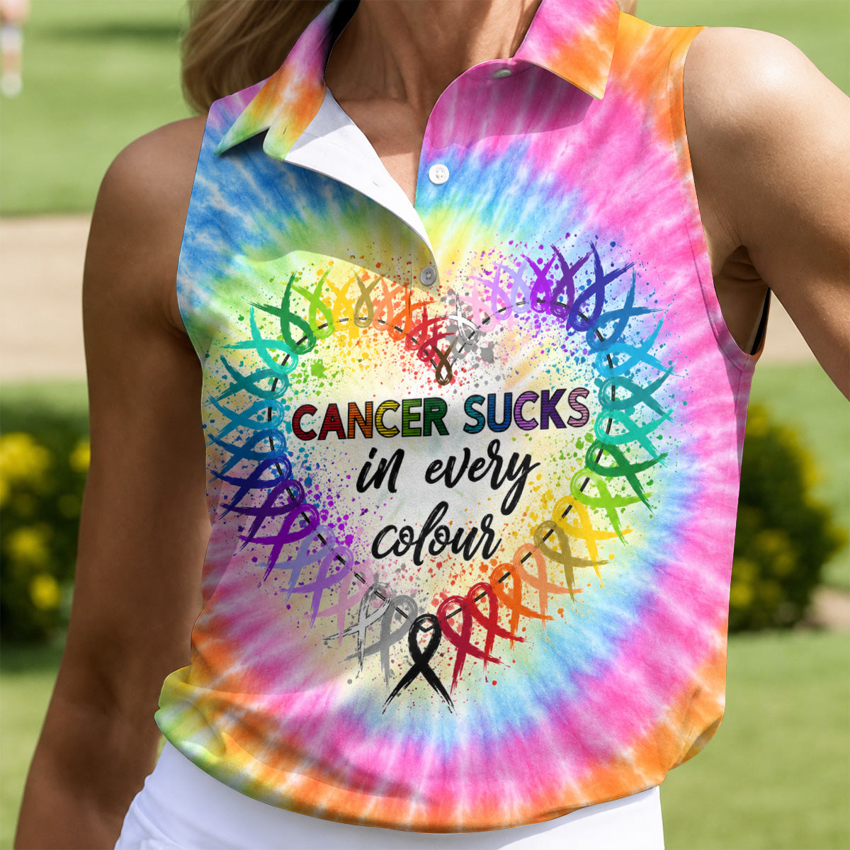 Cancer Sucks In Every Colour Tie Dye Ribbon Polo Shirt, Ladies Golf Tops, Printed Golf Shirt