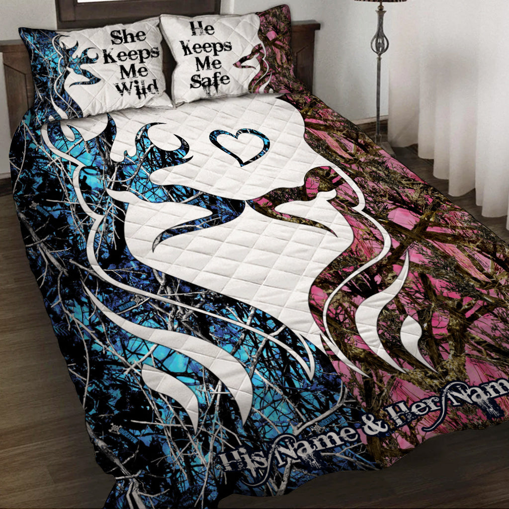 She Keeps Me Wild He Keeps Me Safe Personalized Quilt Bed Sets, Couple Bedding Set, Valentine Gift For Couple