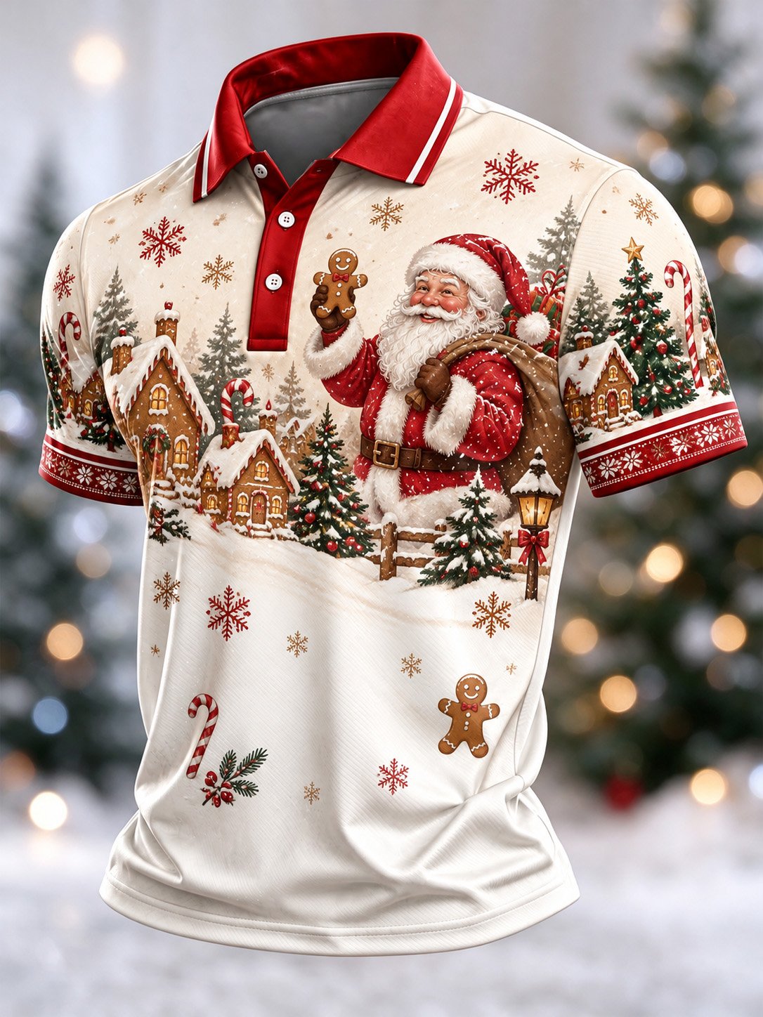 Santa Gingerbread Village Christmas Polo Shirt for Men