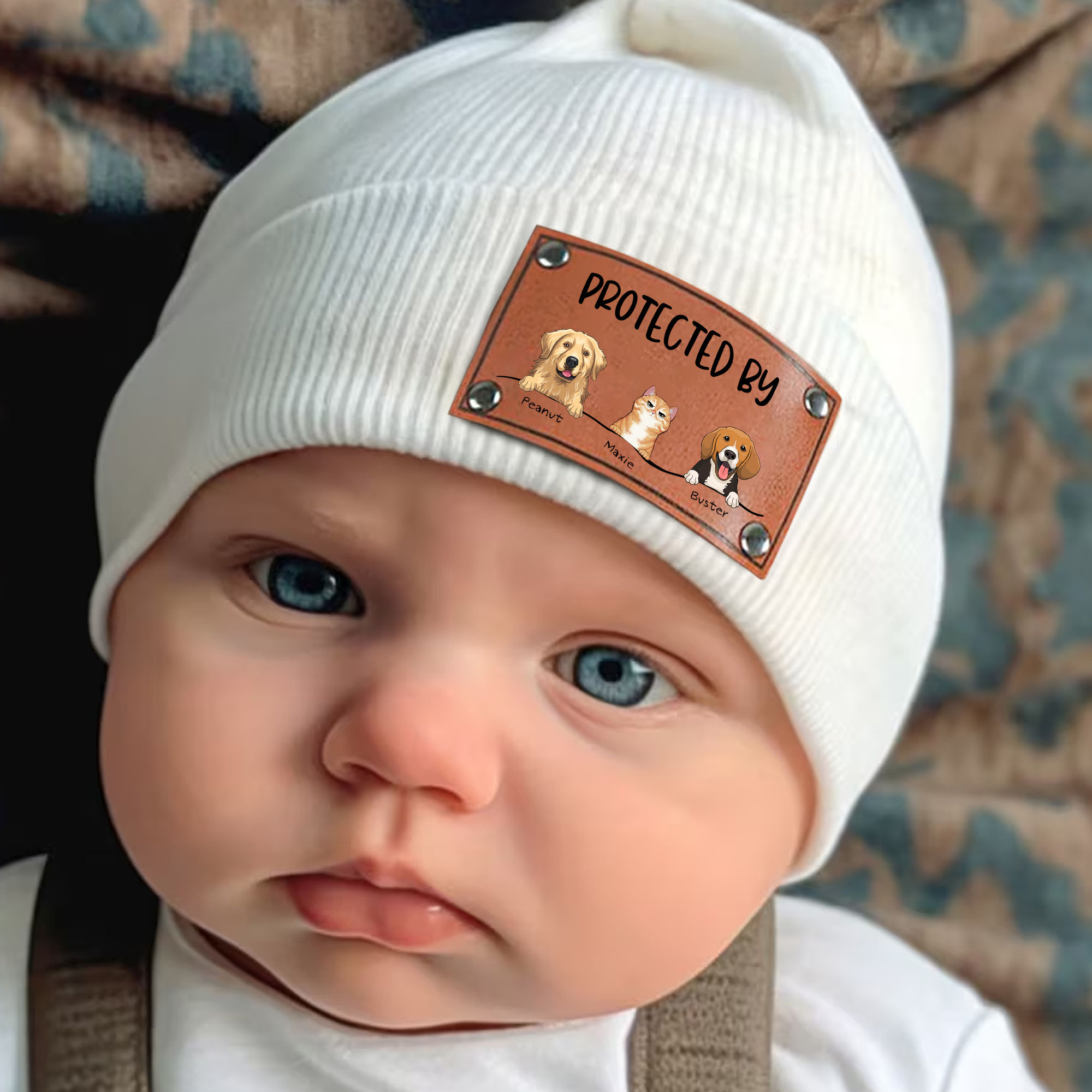 Personalized Baby Beanie with Vegan Leather Patch for Boy Girl, Custom Baby Puppy Beanies with Name Kids, Gift for Newborn, Toddler, Kid