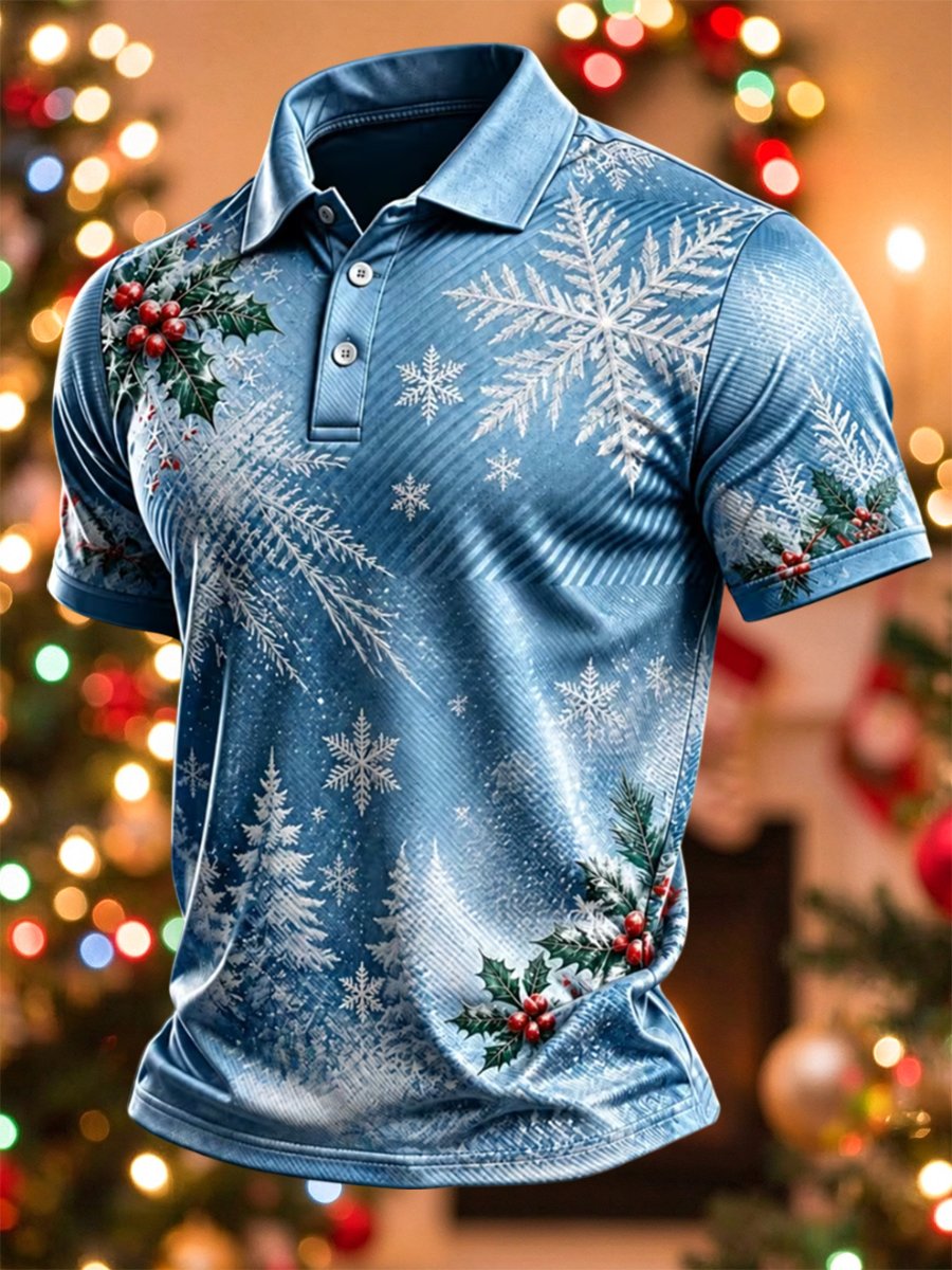 Icy Blue Snowflake Holly Christmas Polo Shirt for Men